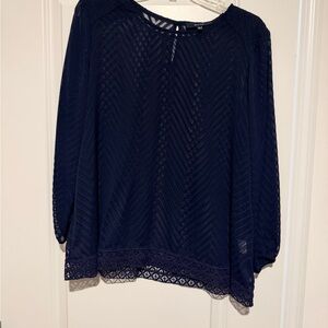 Lush Navy Crochet-Hem Long-Sleeve Blouse - Navy